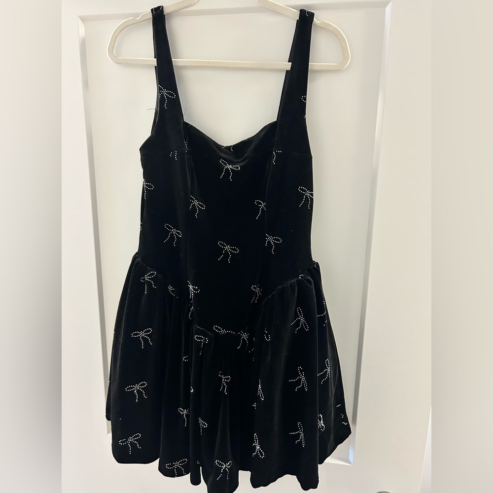 Black Velvet Dress with Bow Embellishments
